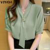 VONDA Summer Women Short Sleeve Tie Up Casual Office Blouse Shirts
