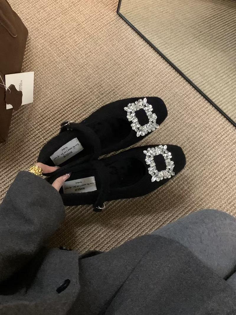 

Туфли Мэри Джейн с квадратной пряжкой, стразами и пушистой отделкой, женские осенне-зимние туфли-лодочки с флисовой подкладкой, теплые, на плоской подошве 39