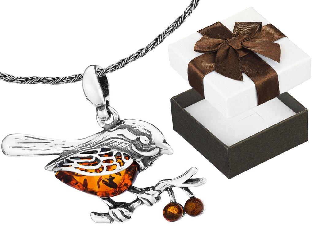 Short Silver Women' Necklace Bird Sparrow with Amber Choker Silver 35cm
