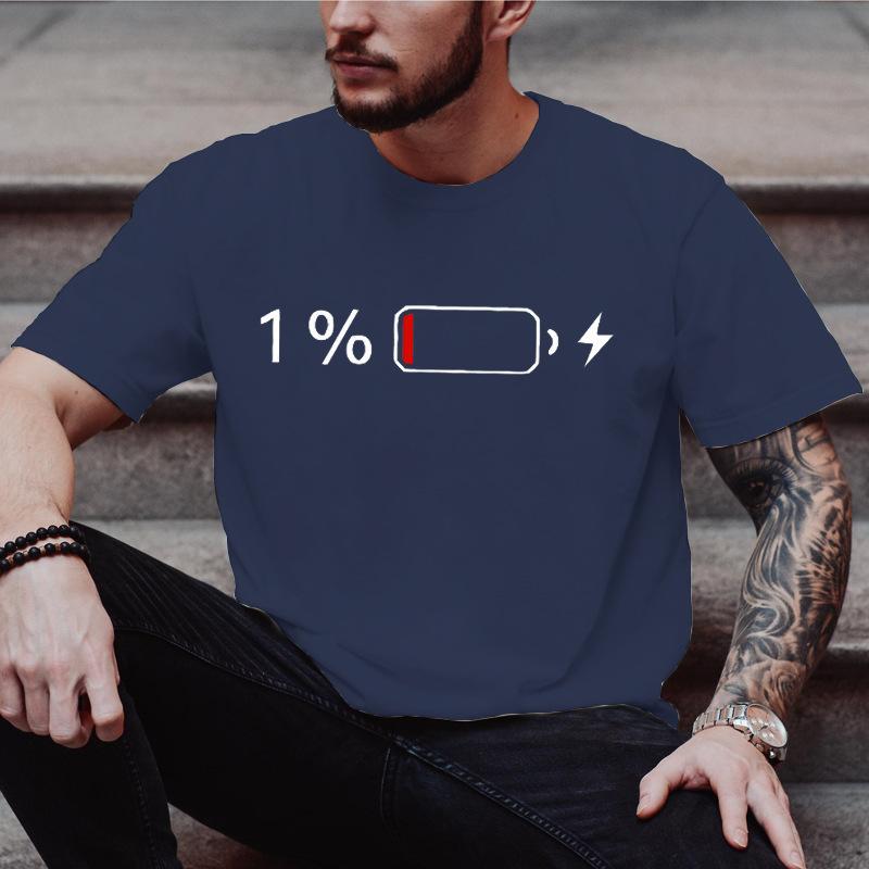 Unisex Crew Neck Low Battery One Percent Print Short Sleeve Cotton Tee Casual Summer Streetwear Loose Basic Daily Outdoor Wear Top