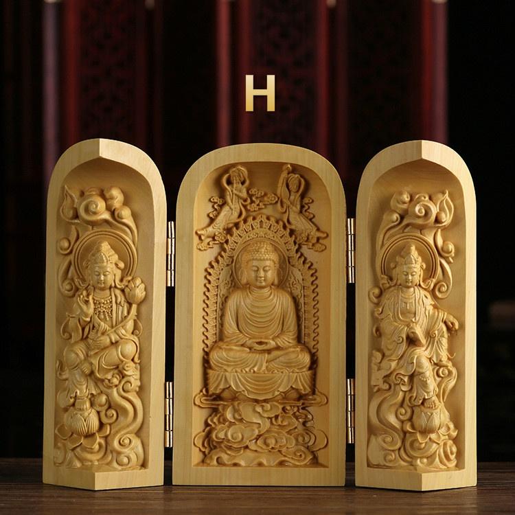 1 Stück Exquisite Buchsbaum-Schnitzerei Guanyin Buddha Statue Westliche Drei Heilige Holzschnitzkunst Handwerk Heimdekoration