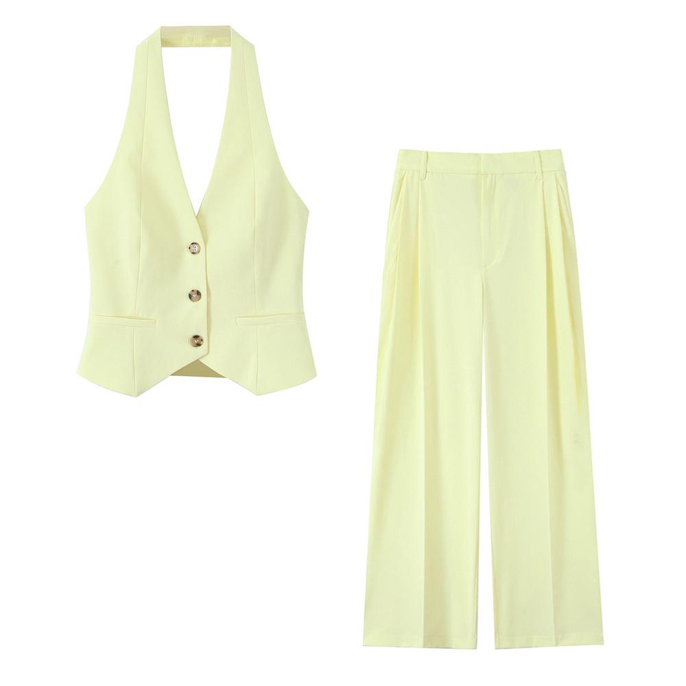 

2025 Spring/Summer Women s Halter Neck Vest & Pleated High-Waisted Pants Set S