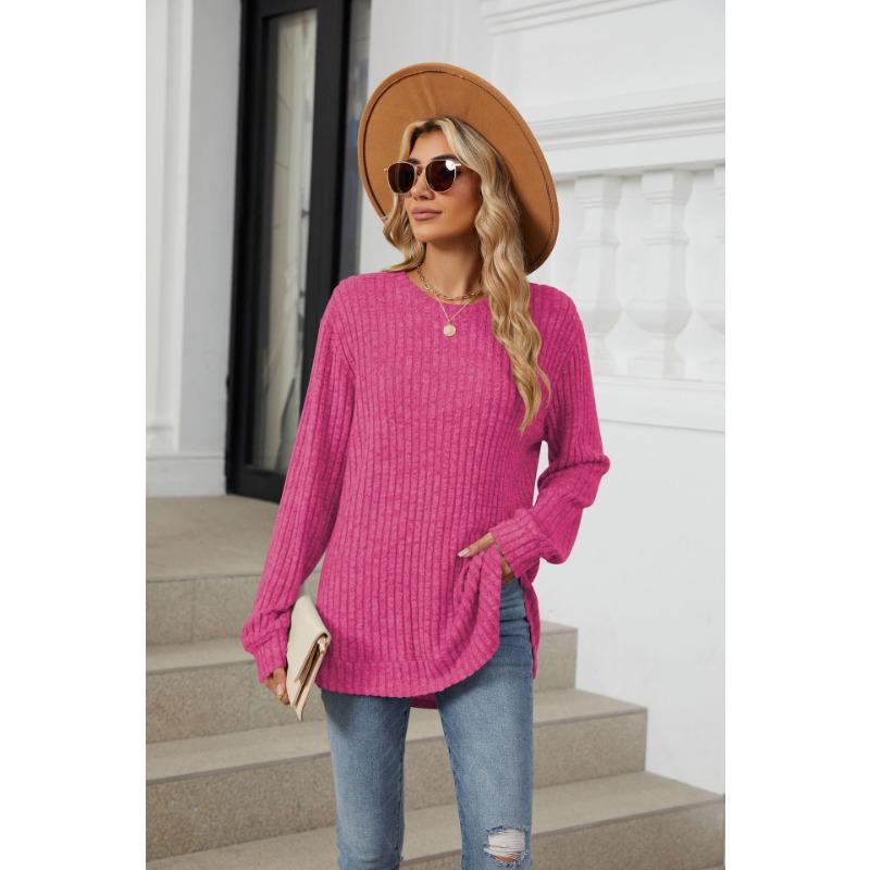 Herbst Damen Bluse Einfarbig Rundhals Gebürstet Locker Langarm Tops