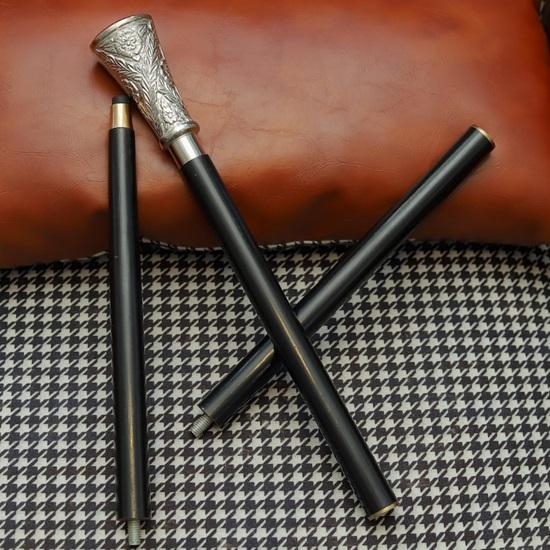 Floral Embossed Silver Tone Walking Cane Gentleman's Detachable Black Wooden Stick