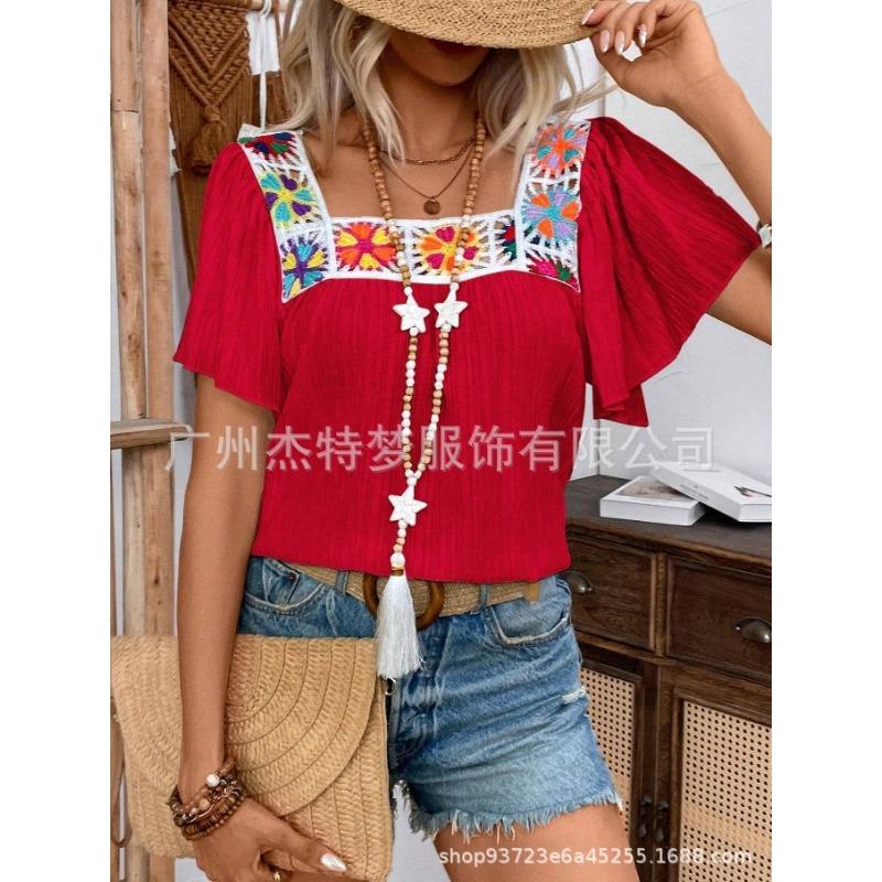 Women's Summer New Style Square Collar Crochet Lace Short Sleeved Blouse