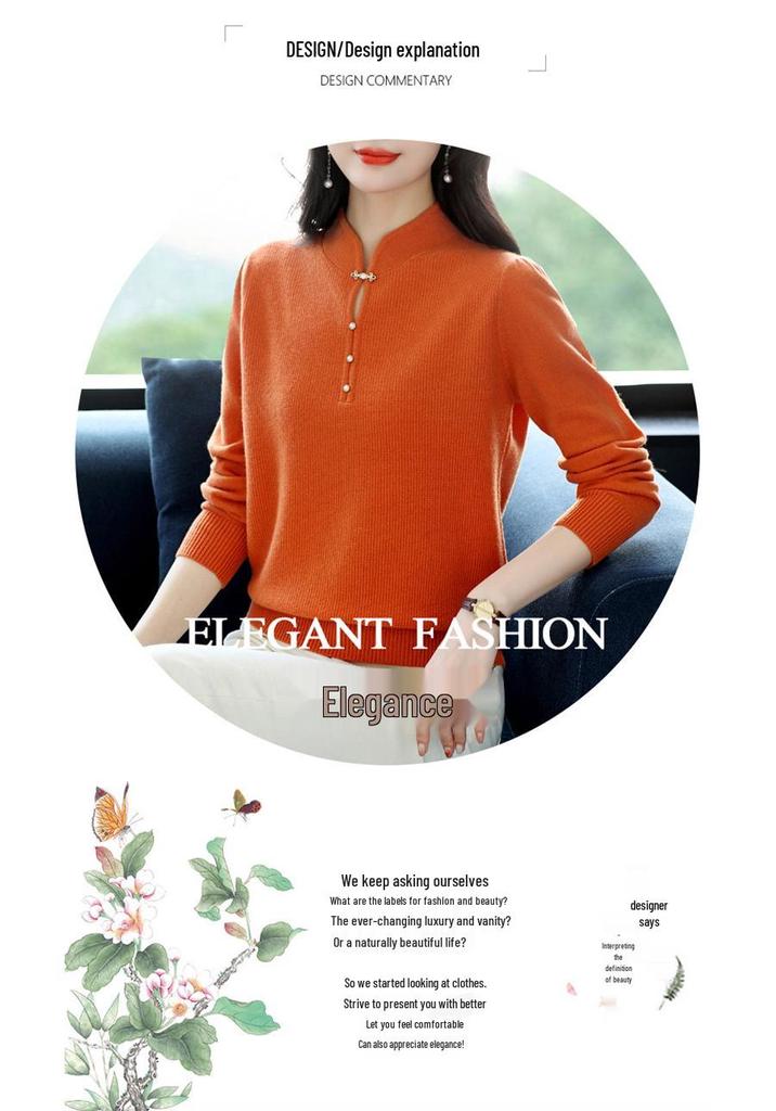 Women's Pure Wool Stand Collar Sweater - Autumn/Winter Loose Slimming Knit Cheongsam Base Layer