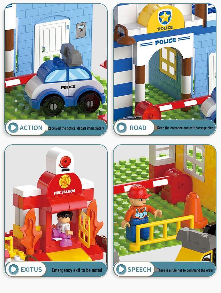 Children's Educational Building Blocks - Police and Fire Station Set with Engineering Vehicles, Large Pieces, Ideal Gift for Boys