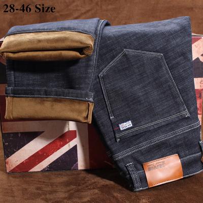 Herre Vinter Jeans Varme Slim Fit Denimbukser Mann Tykkere Bukser Stor Størrelse Herre Jeans Svart Blå