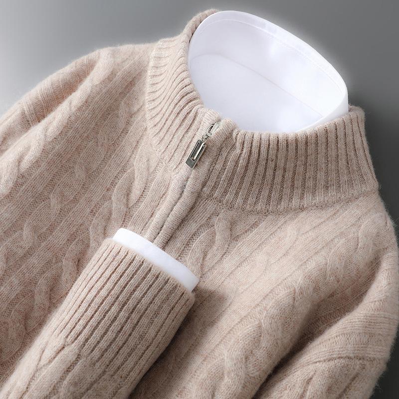 Herren Pullover 100% Reine Schurwolle mit halbem Reißverschluss und Zopfmuster - Pullover mit halbhohem Kragen
