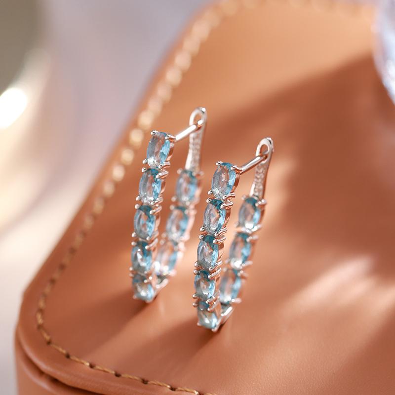 Oval Blue Stone Long Drop Earrings Natural Zircon With  Rose Gold Fashion Women Earrings Simple Daily Fine Jewelry
