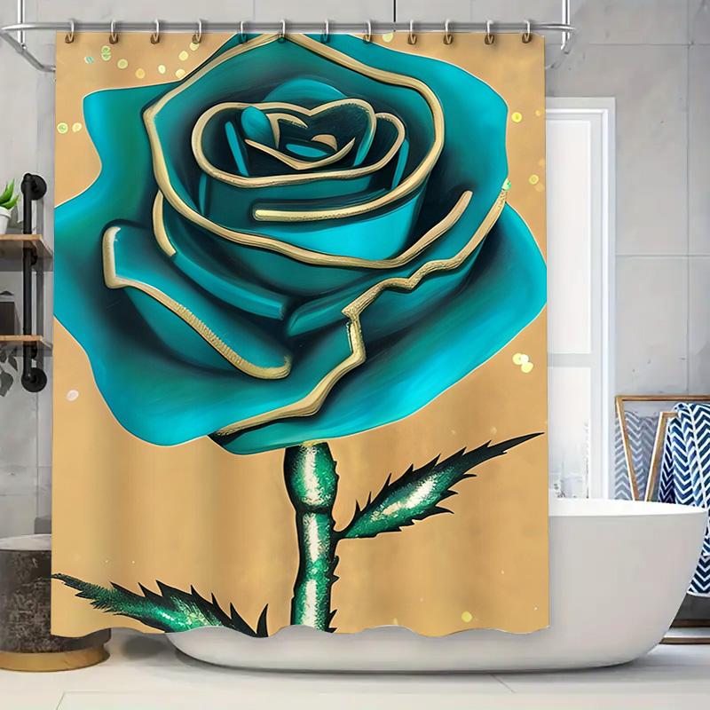 Teal Rose Shower Curtain - Luxurious Gold-Trimmed Floral Design For A Waterproof And Unique Bathroom Dcor Set