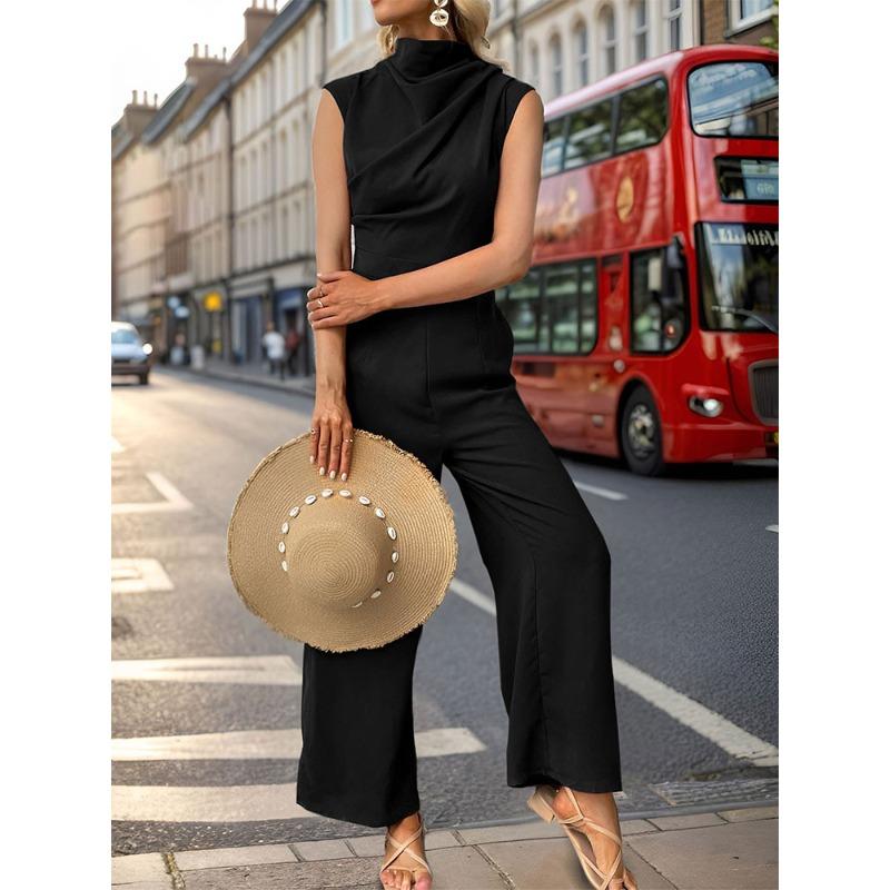 VEZFAA Women's Fashiaon Casual Summer Spring Solid Color Print Sleeveless Half Turtleneck High Waist Trousers Jumpsuits & Rompers