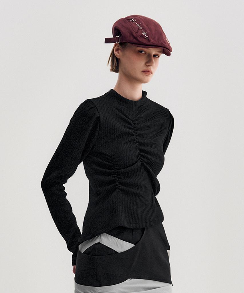 Kimjisu Ribbed Shirring Highneck Top _ Black