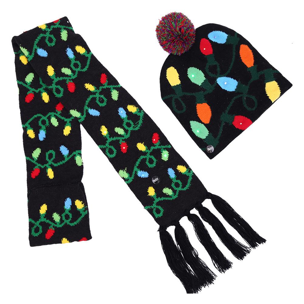 Unisex Christmas Halloween LED Lights Knitted Hat and Scarf Set Fashion Wear