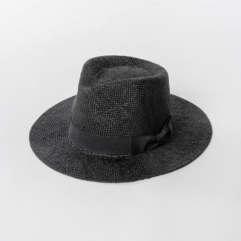 Natural grass woven wide brimmed jazz hat with bow and ribbon for sun protection and sunshade grass hat