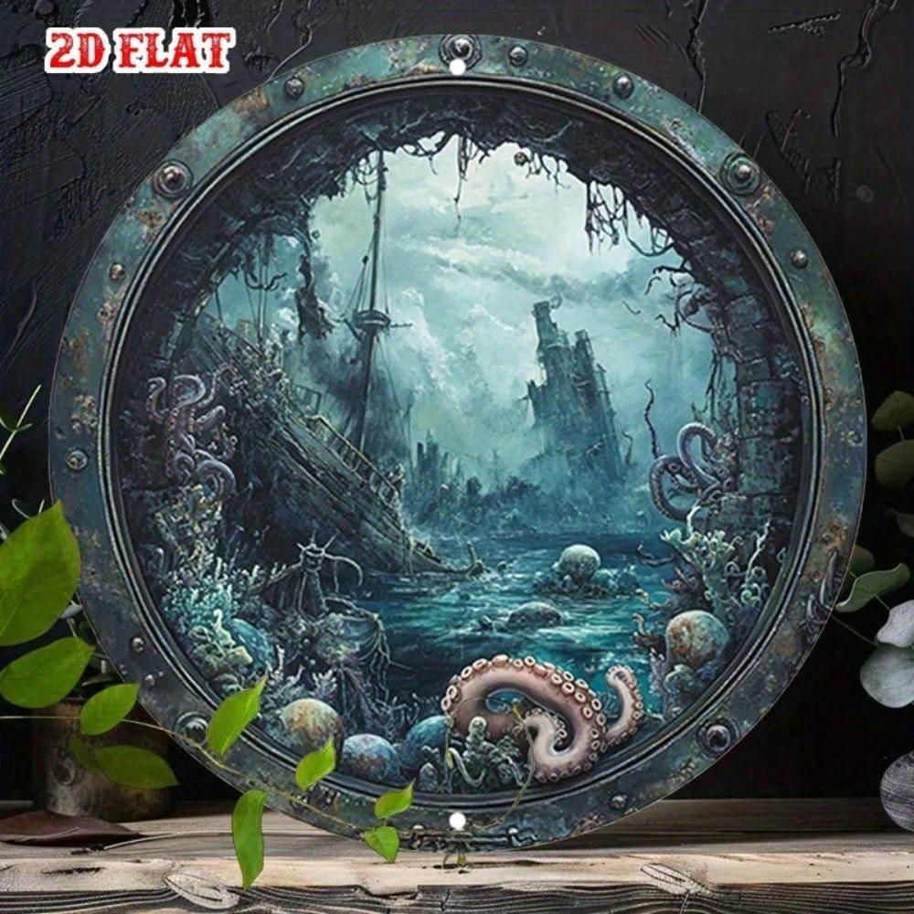 1pc Vintage Nautical Octopus Porthole Metal Wall Art Sign, Fantasy Underwater Ruins Aluminum Round Home Decor