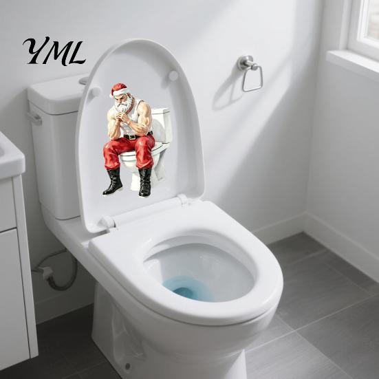 Creative Santa Claus Wall Murals Funny Muscular Toilet Seat Decal, Self?Adhesive PVC Christmas Muscle Decals Restroom Sticker, Humorous Bathroom
