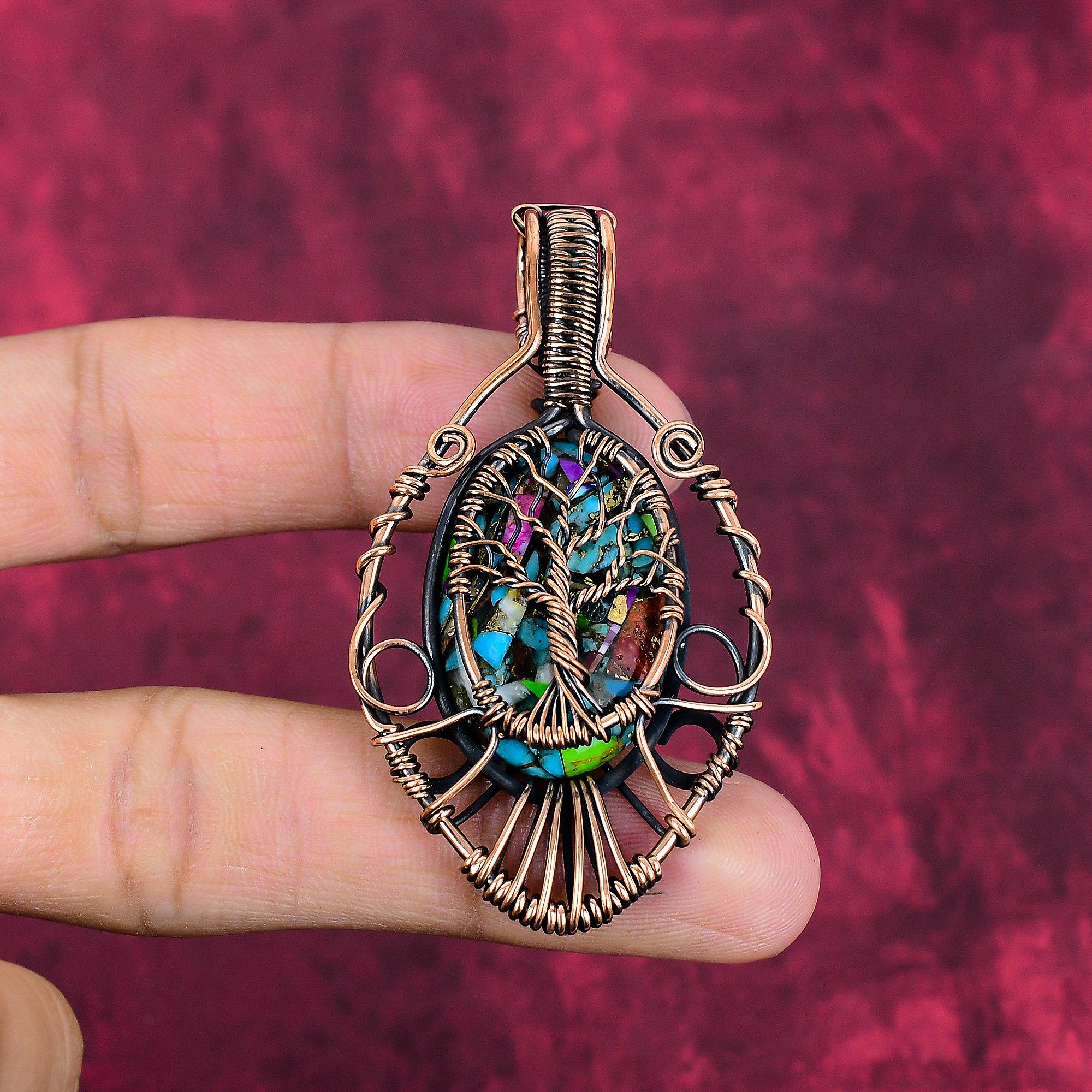 Tree Of Life Fiesta Kingman Turquoise pendant Copper Wire Wrapped Jewelry
