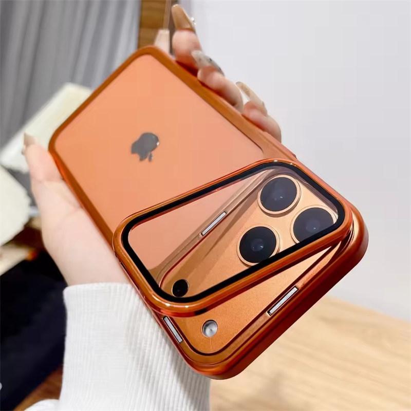Plating Fold Glass Camera Stand Holder Clear Phone Case For iPhone 17 16 Pro Max 17 Air 16 Pro Ultra Thin Transparent Shockproof PC Cover