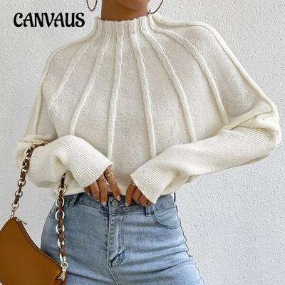 Autumn and Winter Women's Semi-high Neck Solid Colour Knitted Pullover Bat Sleeve Sweater