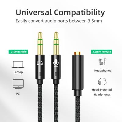 Headphone Splitter 2 In 1 High Fidelity Lossless Nylon-Braided Dual 3.5mm Male Microphone Audio To 3.5mm Female Adapter Cable Computer Accessories