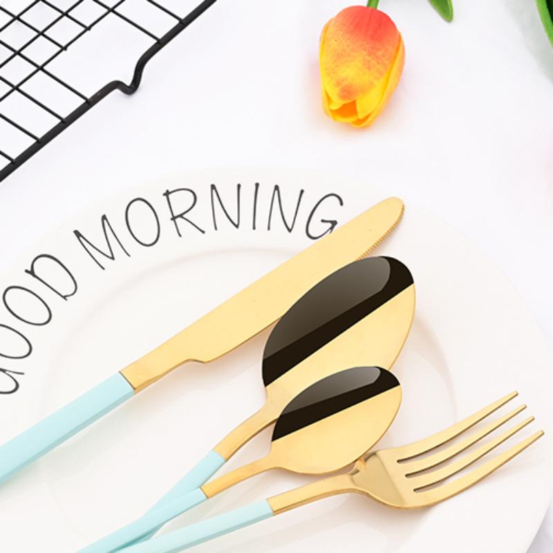16Pcs for 4 People Pink Gold Dinnerware Set Stainless Steel Knives Forks Tea Spoons Dinner Set Family Kitchen Tableware Set
