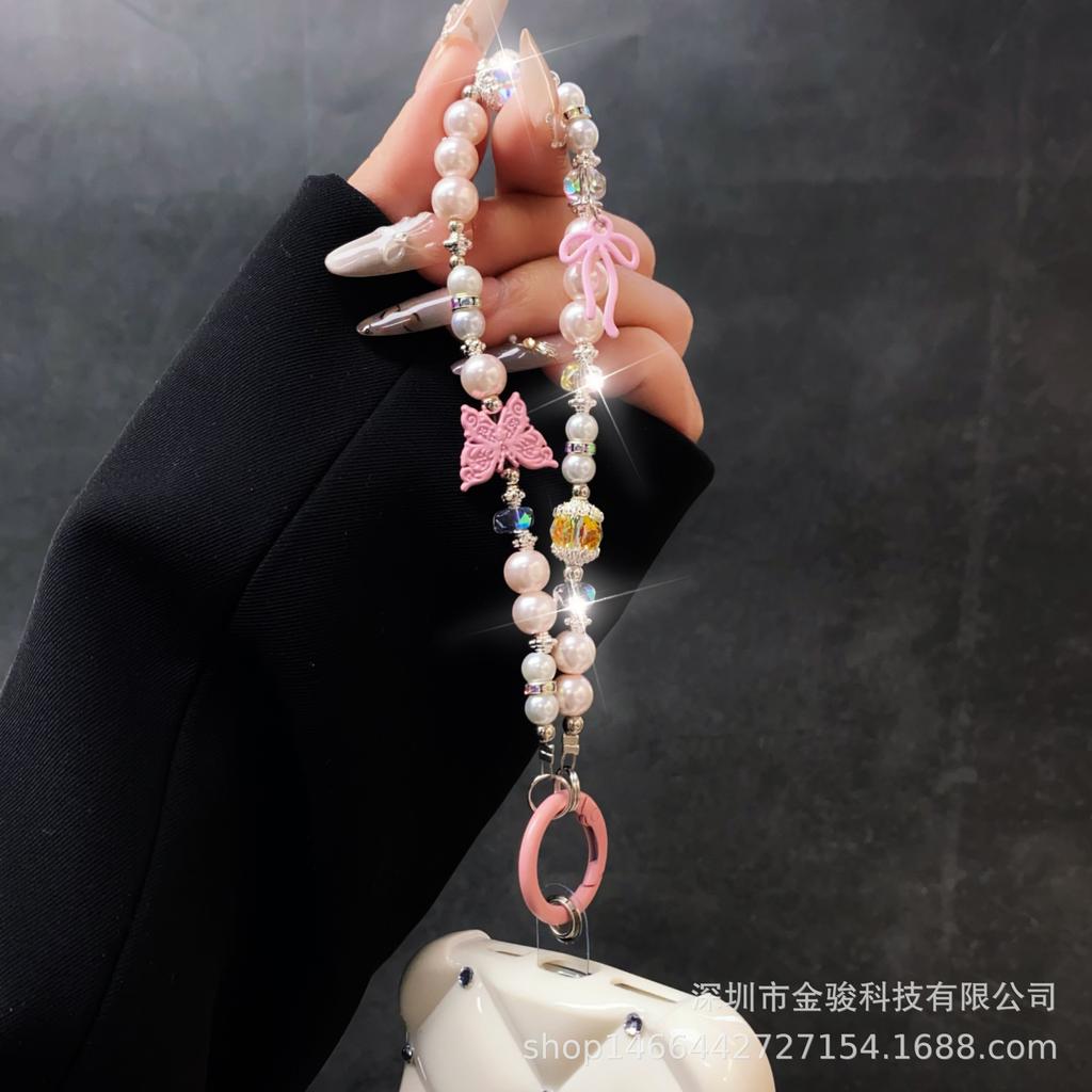 Ins Style Alloy Butterfly Phone Chain Rope Handmade Beaded Hanging Chain Pearl Keychain Bag Hanging Rope Pendant Rope Accessories
