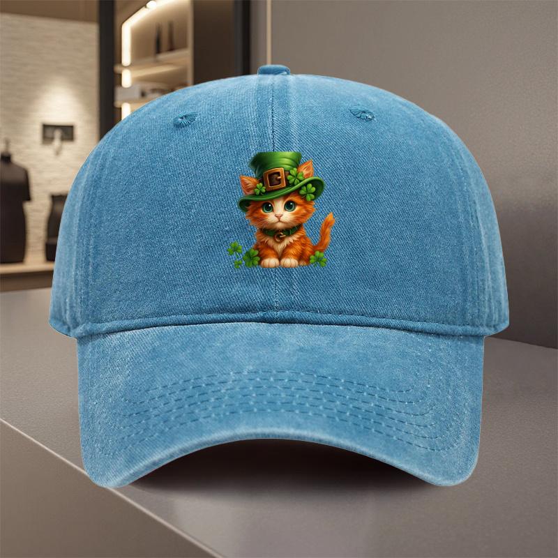 Kitten with Clover Hat Baseball Cap St Patricks Day Adjustable Polyester Casual Hat Unisex