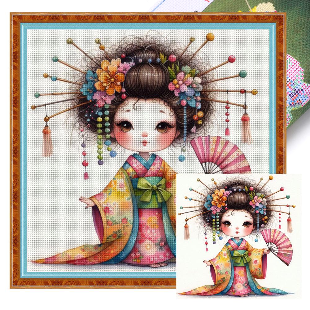 Kit de point de croix Art Broderie complète Fil de coton écologique 11CT Imprimé Geisha