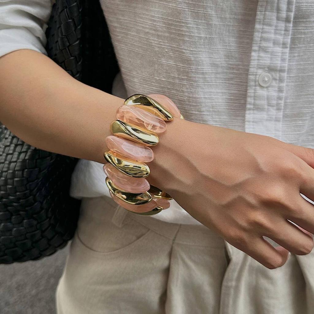 Salircon 10 Colors Vintage Thick Resin Acrylic Irregular Bangles for Women Geometric Wide Chunky Elastic Bracelets Hand Jewelry