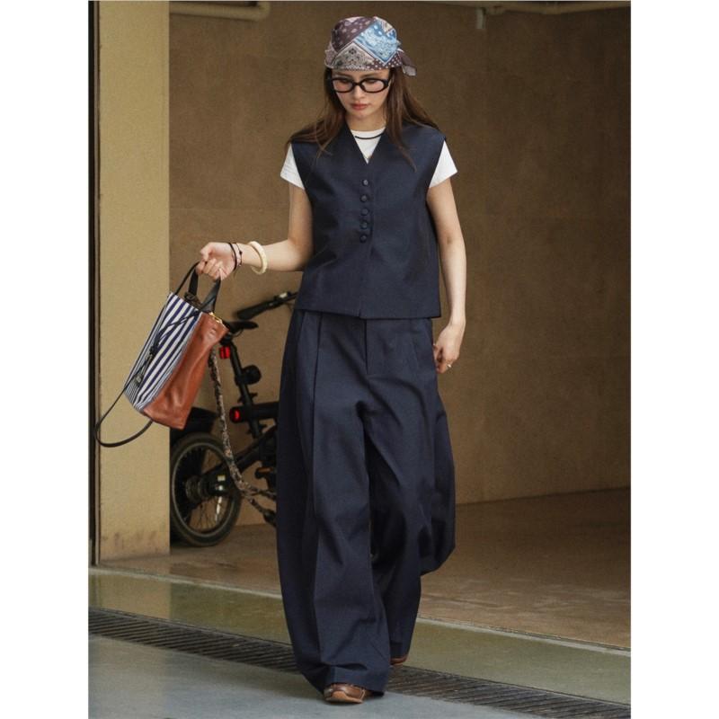 Johnature Simple Short Vest Long Pants Women Two Pieces Set Spring French Casual Long Pants Sets