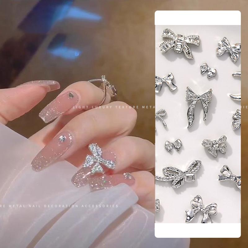 10Pcs Silver Alloy Nail Art Bow Charms Accessories Parts For Manicure Decorate Retro Nails Decoration Design Supplies