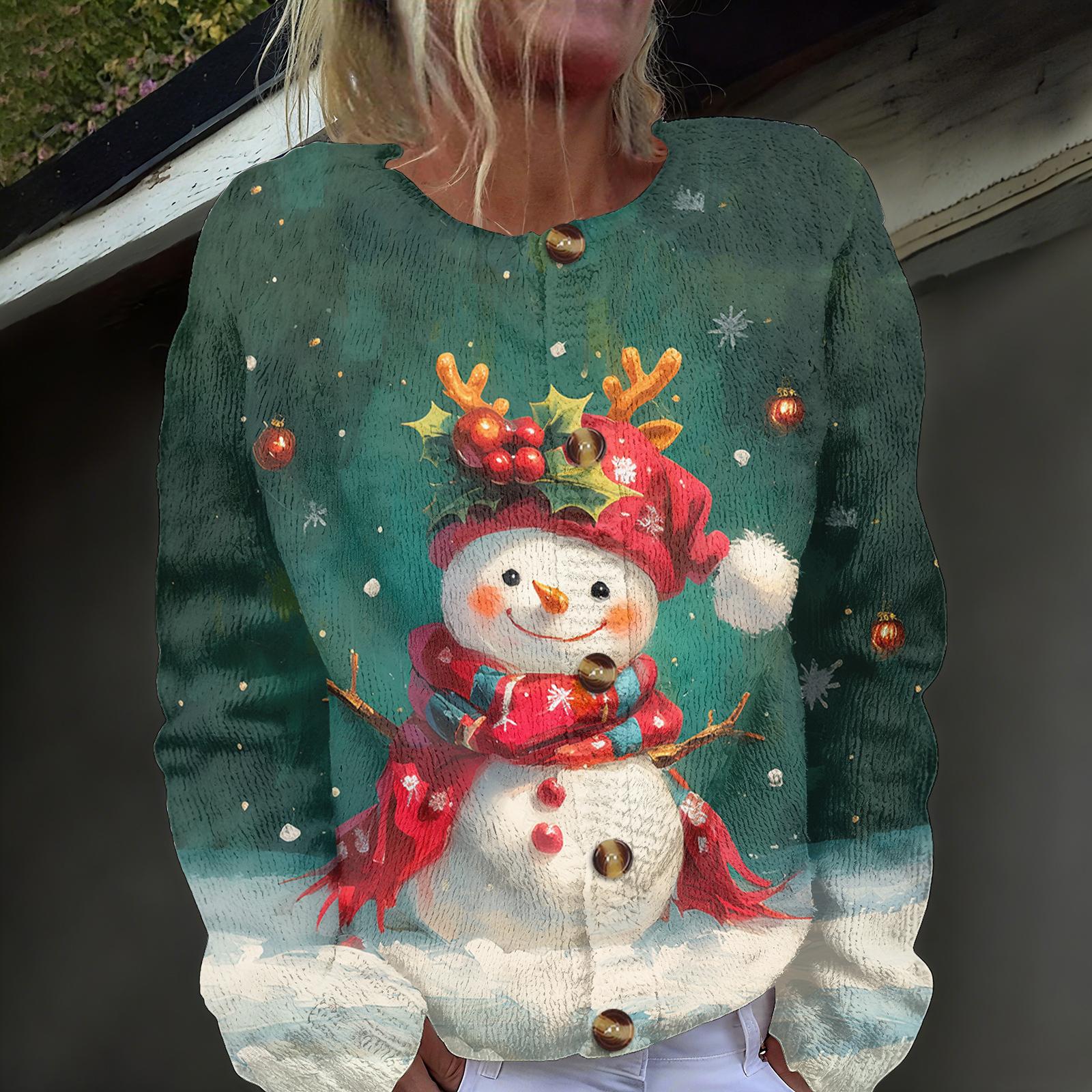 

Женская мода рождественский принт длинный рукав вязаный кардиган пуховик S