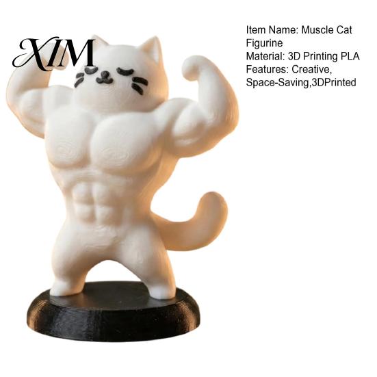 Office Desk Accessories 3D Printed Muscle Cat Figurine, Funny Strong Animal Ornament for Desktop Decoration Home Office, Creative Sculpture with Base,