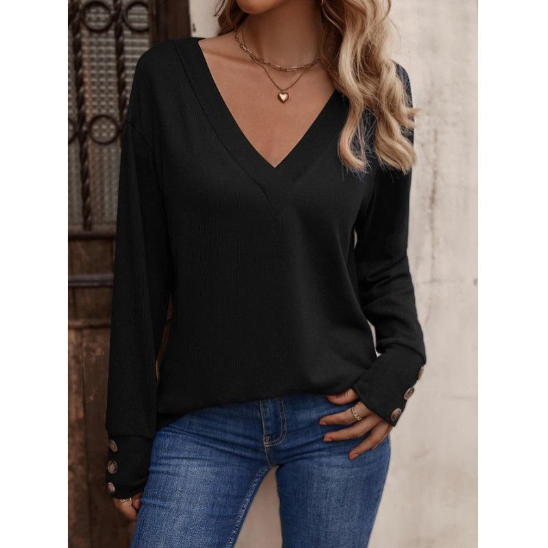 Women's V-Neck Button Down Shirt 2025 Fall Winter Long Sleeve Loose Fit Casual Top Blouse
