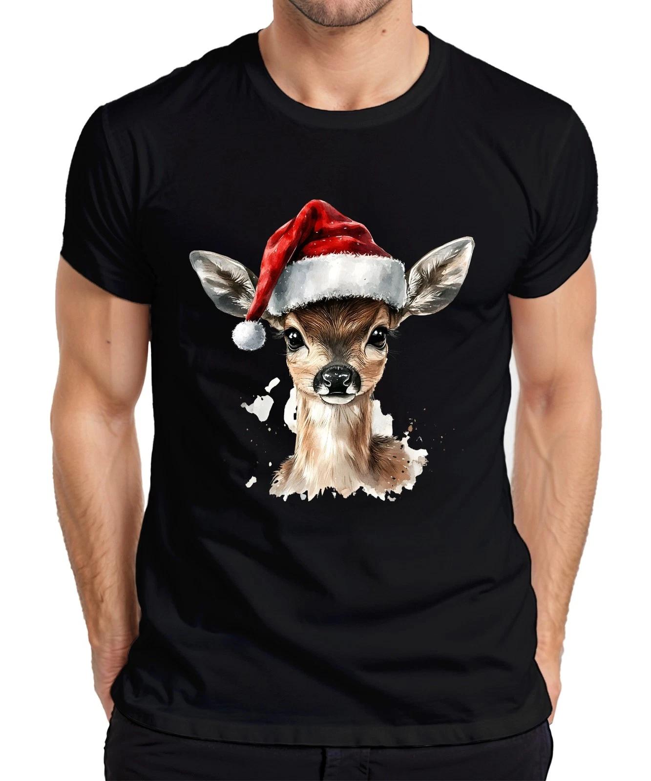 Fawn Christmas Watercolour Cute Gift Cute Santa Mens T-Shirt- L