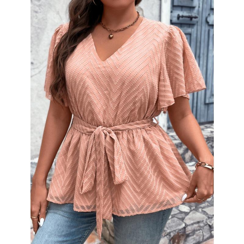 Letné dámske tričko Loose Plus Size Temperamentné Topy s výstrihom do V a krátkym rukávom
