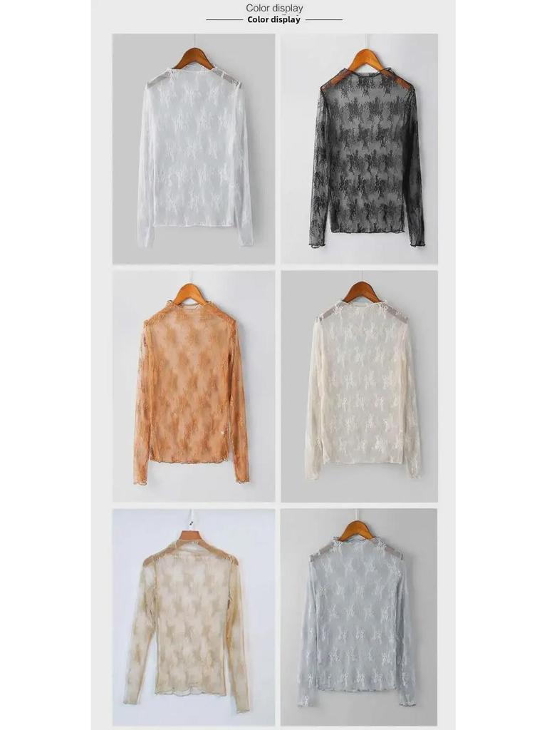 Four Seasons Lace Mesh Semi-High Neck See-Through Long Sleeve Korean-Style Blouse