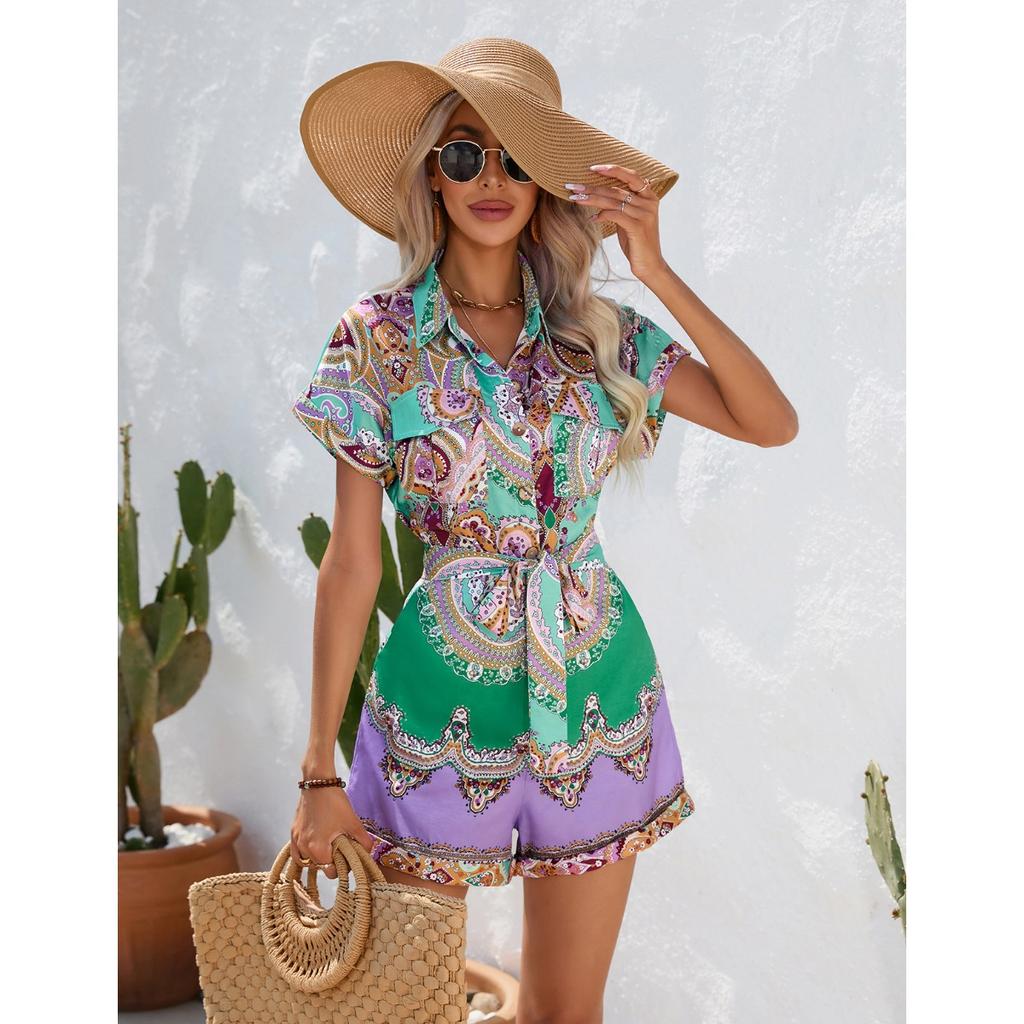 Summer Ethnic Print Short Sleeve Shorts Romper Women's Casual Outfit European American Style Crossborder Women Apparel
