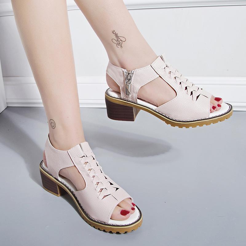 Římské sandály Dámské Rybí Ústa Kůže Obličej Dutá tkanina Silný podpatek Střední podpatek Velká velikost Dámské sandály