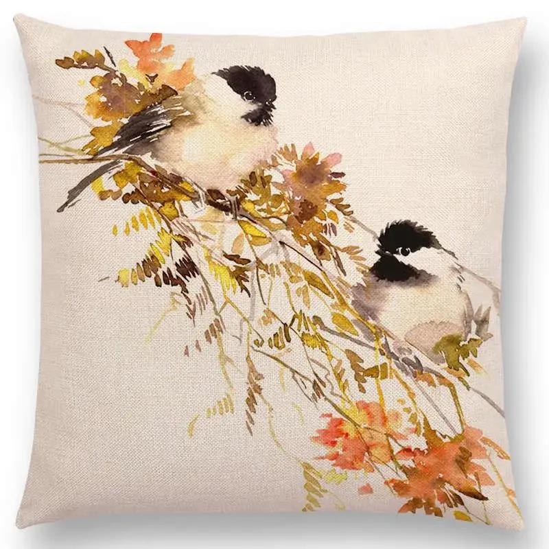 Watercolor Birds Series Cushion Cover Goldfinch Chickadee Cardinal Kingfisher Prints Pillow Case