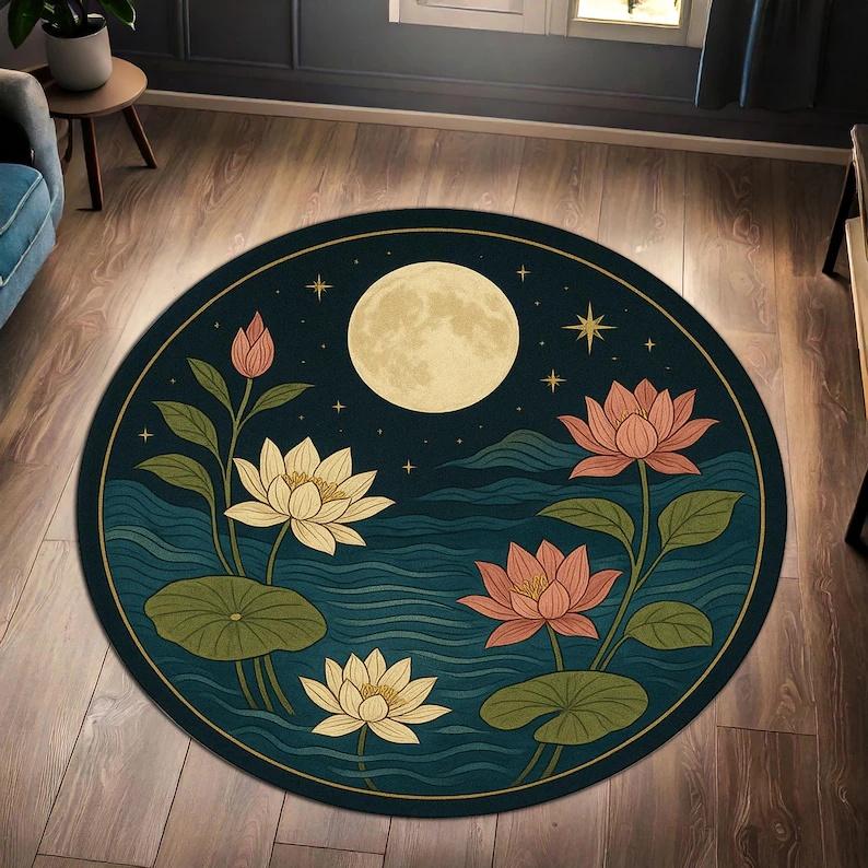 

Lotus Flower and Moon Round Rug – Celestial Botanical Carpet with Stars and Nature Inspired Design for Boho Living Room 80cm