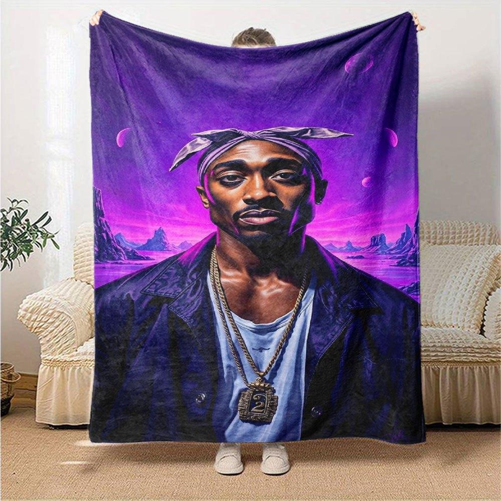 1pc 2PacHip Hop Blanket Soft Lightweight All Season Multi Purpose Throw for Sofa, Bed, Office & Picnics, French Style with Iconic Album Art & Quotes