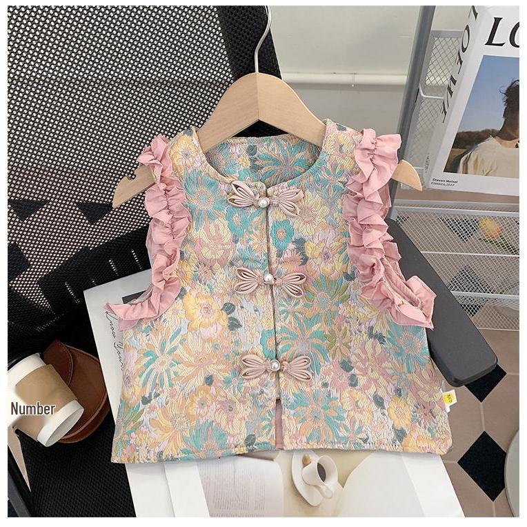 Trzyczęściowy zestaw retro w stylu chińskim dla małych dziewczynek (2025)