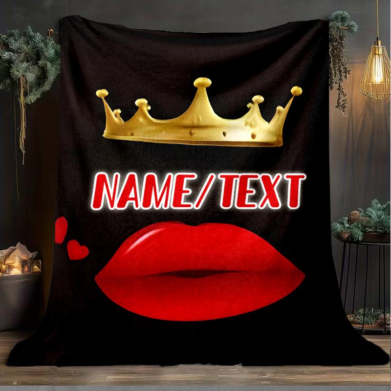 1PC Custom Name Royal Lip Crown outdooor Flannel blankets Throw Blanket All-Season Throw Gift Bedspread for Couch, Bed, Camping Holiday Birthda