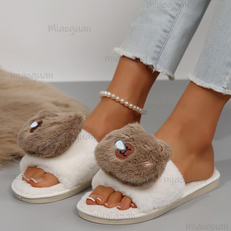

Fashion Winter Cute Cartoon Animal Plush Slippers for Women Comfortable Soft Sole Indoor House Shoes Woman Non Slip Fluffy Fur Slides 36-37 бежевый