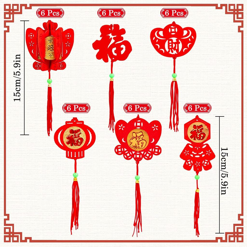 Waline 36-Piece Chinese New Year Decorations: Red Hanging Ornaments, Lucky Fu Pendants for Home, Office, Car, Trees & Spring Festival (6 Designs)