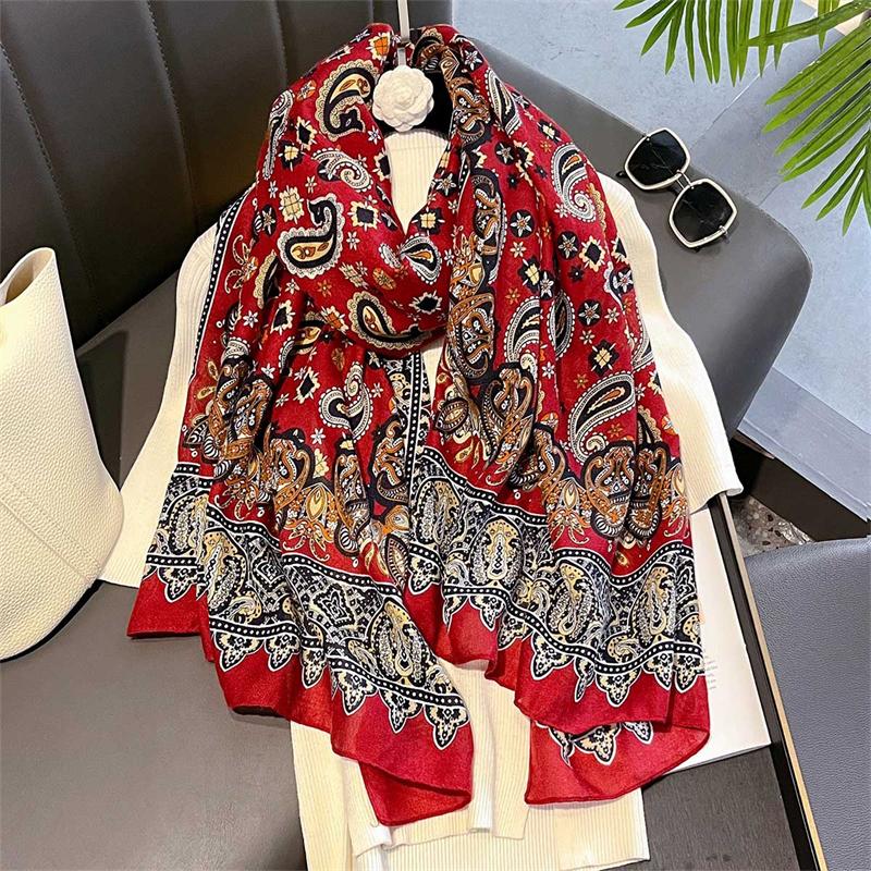 Vintage Black Paisley Shawl 88x180cm Cotton-Linen Feel Boho Style Women's Scarf Fashion Luxury Big Size Blanket