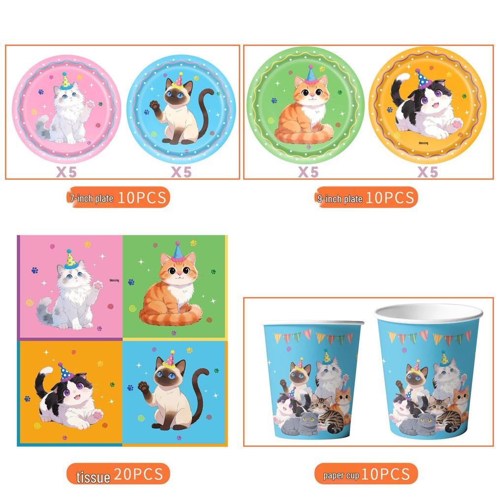 Cat-Themed Birthday Party Tableware Set: Disposable Tablecloth, Plates & Cups