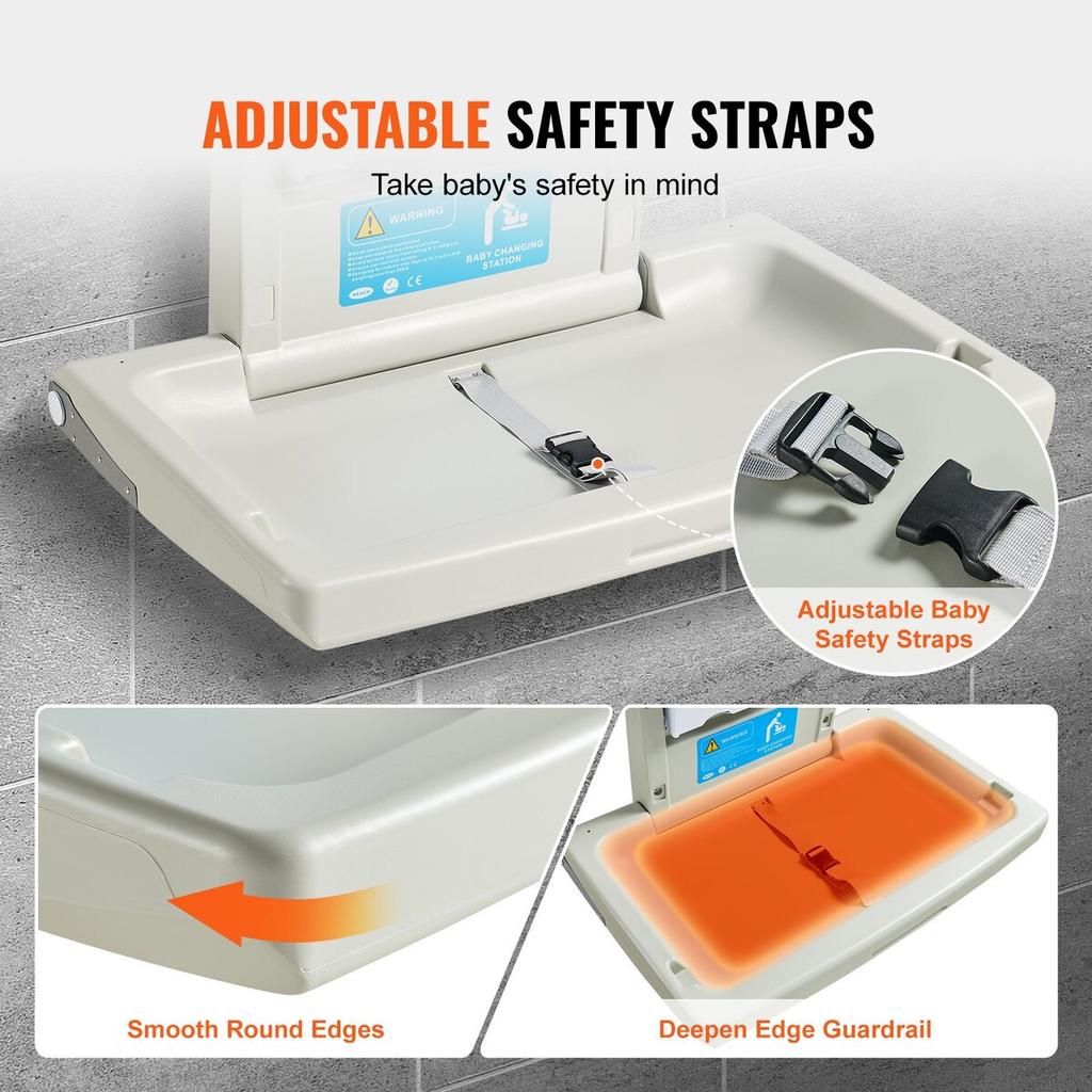 Wall-Mounted Baby Changing Station, Horizontal Foldable Diaper Change Table with Safety Straps and Hanging Rods, Use in Commercial Bathrooms, Daycare